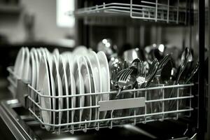 abrió lavavajillas máquina en cocina habitación con sucio platos o limpiar platos después Lavado dentro concepto por ai generado foto