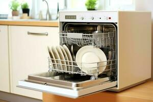 abrió lavavajillas máquina en cocina habitación con sucio platos o limpiar platos después Lavado dentro concepto por ai generado foto