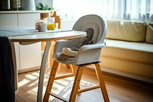 convencional bebé alimentación silla en el comida mesa a hogar o cocina. niño alto silla mueble concepto por ai generado foto