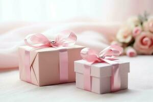 Colorful gift boxes present with ribbon and bow. For birthday, christmas gift or valentine occasions concept by AI Generated photo