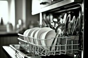 abrió lavavajillas máquina en cocina habitación con sucio platos o limpiar platos después Lavado dentro concepto por ai generado foto