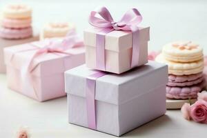 Colorful gift boxes present with ribbon and bow. For birthday, christmas gift or valentine occasions concept by AI Generated photo