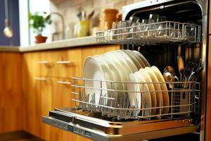 abrió lavavajillas máquina en cocina habitación con sucio platos o limpiar platos después Lavado dentro concepto por ai generado foto