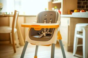 convencional bebé alimentación silla en el comida mesa a hogar o cocina. niño alto silla mueble concepto por ai generado foto