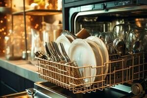 abrió lavavajillas máquina en cocina habitación con sucio platos o limpiar platos después Lavado dentro concepto por ai generado foto