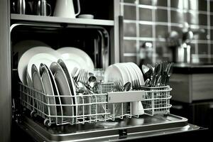 abrió lavavajillas máquina en cocina habitación con sucio platos o limpiar platos después Lavado dentro concepto por ai generado foto