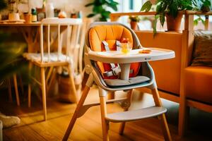 convencional bebé alimentación silla en el comida mesa a hogar o cocina. niño alto silla mueble concepto por ai generado foto