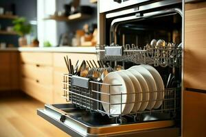 abrió lavavajillas máquina en cocina habitación con sucio platos o limpiar platos después Lavado dentro concepto por ai generado foto