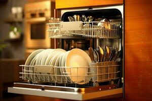 abrió lavavajillas máquina en cocina habitación con sucio platos o limpiar platos después Lavado dentro concepto por ai generado foto