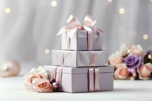 Colorful gift boxes present with ribbon and bow. For birthday, christmas gift or valentine occasions concept by AI Generated photo