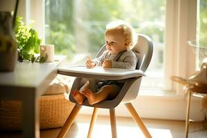 Conventional baby feeding chair in the dining table at home or kitchen. Child high chair furniture concept by AI Generated photo