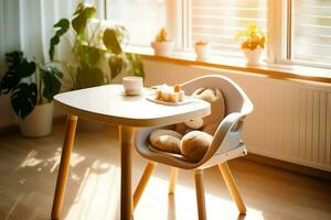 convencional bebé alimentación silla en el comida mesa a hogar o cocina. niño alto silla mueble concepto por ai generado foto