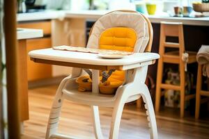 Conventional baby feeding chair in the dining table at home or kitchen. Child high chair furniture concept by AI Generated photo