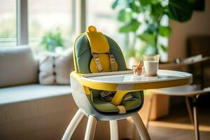 convencional bebé alimentación silla en el comida mesa a hogar o cocina. niño alto silla mueble concepto por ai generado foto