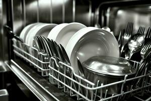 Opened dishwasher machine in kitchen room with dirty plates or clean dishes after washing inside concept by AI Generated photo