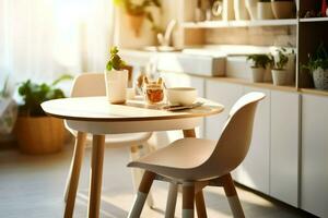 convencional bebé alimentación silla en el comida mesa a hogar o cocina. niño alto silla mueble concepto por ai generado foto