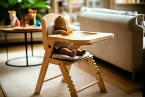 Conventional baby feeding chair in the dining table at home or kitchen. Child high chair furniture concept by AI Generated photo