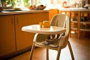 Conventional baby feeding chair in the dining table at home or kitchen. Child high chair furniture concept by AI Generated photo