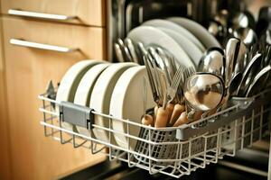 Opened dishwasher machine in kitchen room with dirty plates or clean dishes after washing inside concept by AI Generated photo