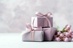 Colorful gift boxes present with ribbon and bow. For birthday, christmas gift or valentine occasions concept by AI Generated photo