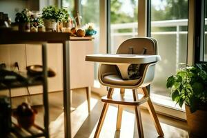 Conventional baby feeding chair in the dining table at home or kitchen. Child high chair furniture concept by AI Generated photo