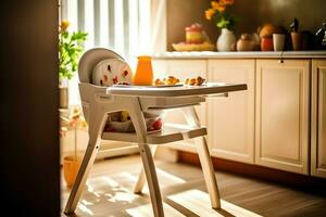 Conventional baby feeding chair in the dining table at home or kitchen. Child high chair furniture concept by AI Generated photo