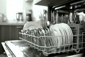 abrió lavavajillas máquina en cocina habitación con sucio platos o limpiar platos después Lavado dentro concepto por ai generado foto