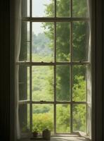 Vintage wooden window with green garden in the background, retro toned photo