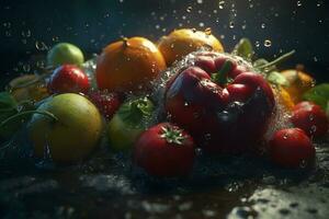 Vegetables splash in water on black background. Neural network AI generated photo