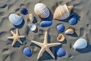 Summer background. Seashells and stars border on sand. Neural network AI generated photo