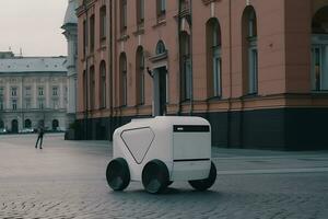 Self-driving delivery robot concept. Neural network AI generated photo