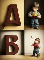 collage de linda pequeño chico con a B C letras. educación concepto. foto