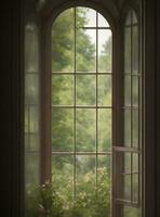 Vintage wooden window with green garden in the background, retro toned photo
