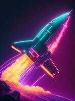 un neón de colores cohete volador mediante el aire foto