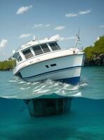 a boat floating in the ocean with a boat underneath photo