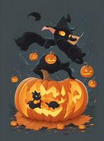 a black cat is jumping on a pumpkin with a witch hat photo