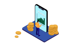 teléfono inteligente dispositivo con dorado monedas, excelente pago método y tecnología animación, revisando negocio reporte en móvil teléfono, inteligente teléfono con valores mercado grafico y cuadro, haciendo lucro png