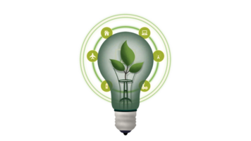 light bulb against nature on green leaf with energy sources, creative thinking digital technology, circuits and technology elements, renewable energy light bulb with green energy png