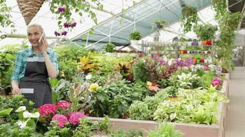 femmina fioraio parlando su il Telefono a il giardino centro video