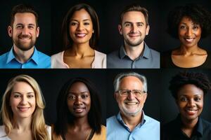 A collage of portraits of ethnically different people. AI generative photo