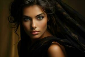 A stunning woman with captivating eyes exuding elegance and allure. AI generative photo