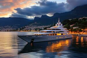 A luxury yacht in the harbor at dusk.AI generative photo