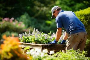 A gardener at work with plants and flowers.AI generative photo