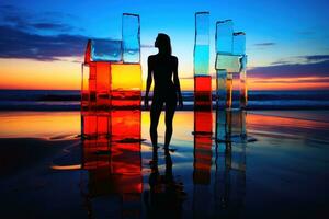 Stained glass of a sensual attractive young woman at a sunset beach.AI generative photo