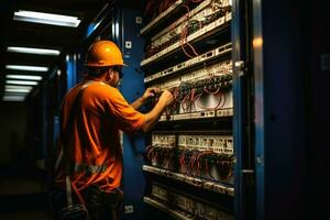 An Electrician at work at an installation.AI generative photo