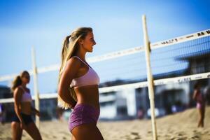 atractivo mujer jugando playa vóleibol en un soleado día. ai generativo foto