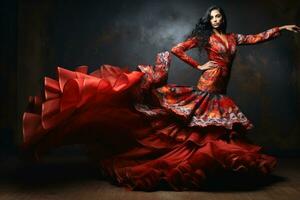 un atractivo flamenco bailarín en un elaborar vestido. ai generativo foto