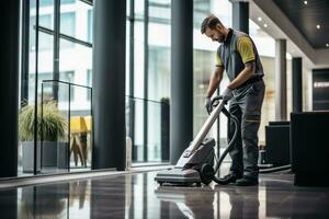 A building cleaner at work in an office building.AI generative photo