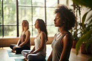 A peaceful yoga studio with practitioners meditating and practicing yoga. AI generative photo