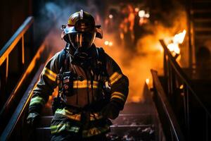 firefighter using water and extinguisher to fighting with fire flame in an emergency, Generative AI photo